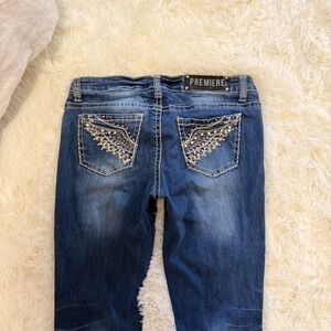 Premiere by rue21 Womens Skinny Jeans Dark Wash Rhinestone Wing Pocket 9/10R